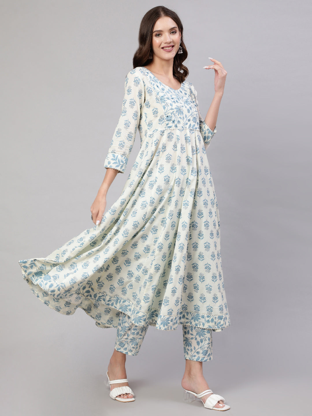 White Pure Cotton Floral V Neck Anarkali Kurta, Pant & Dupatta Set For Women Mizaz Jaipur