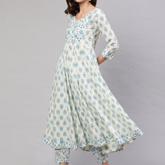 White Pure Cotton Floral V Neck Anarkali Kurta, Pant & Dupatta Set For Women Mizaz Jaipur