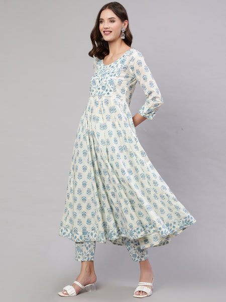 White Pure Cotton Floral V Neck Anarkali Kurta, Pant & Dupatta Set For Women Mizaz Jaipur