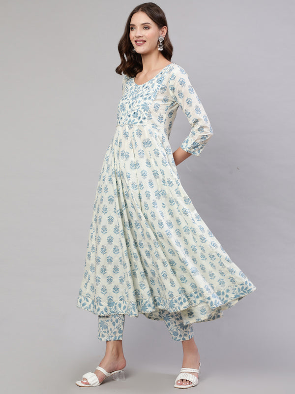 White Pure Cotton Floral V Neck Anarkali Kurta, Pant & Dupatta Set For Women Mizaz Jaipur