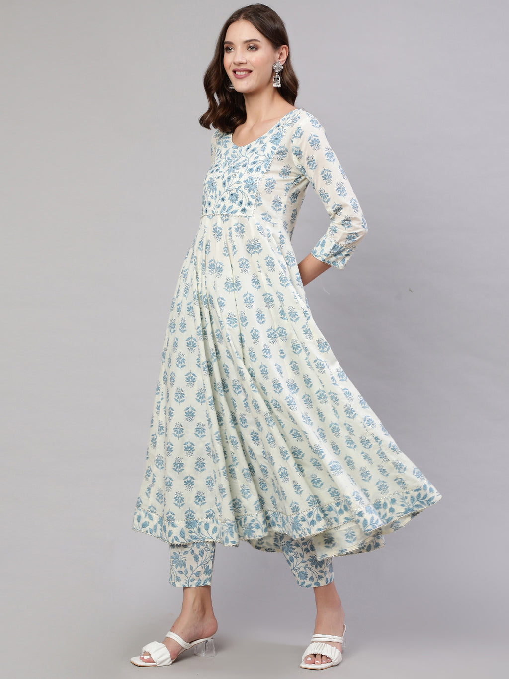 White Pure Cotton Floral V Neck Anarkali Kurta, Pant & Dupatta Set For Women Mizaz Jaipur