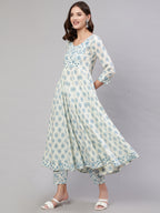 White Pure Cotton Floral V Neck Anarkali Kurta, Pant & Dupatta Set For Women Mizaz Jaipur