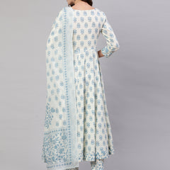 White Pure Cotton Floral V Neck Anarkali Kurta, Pant & Dupatta Set For Women Mizaz Jaipur