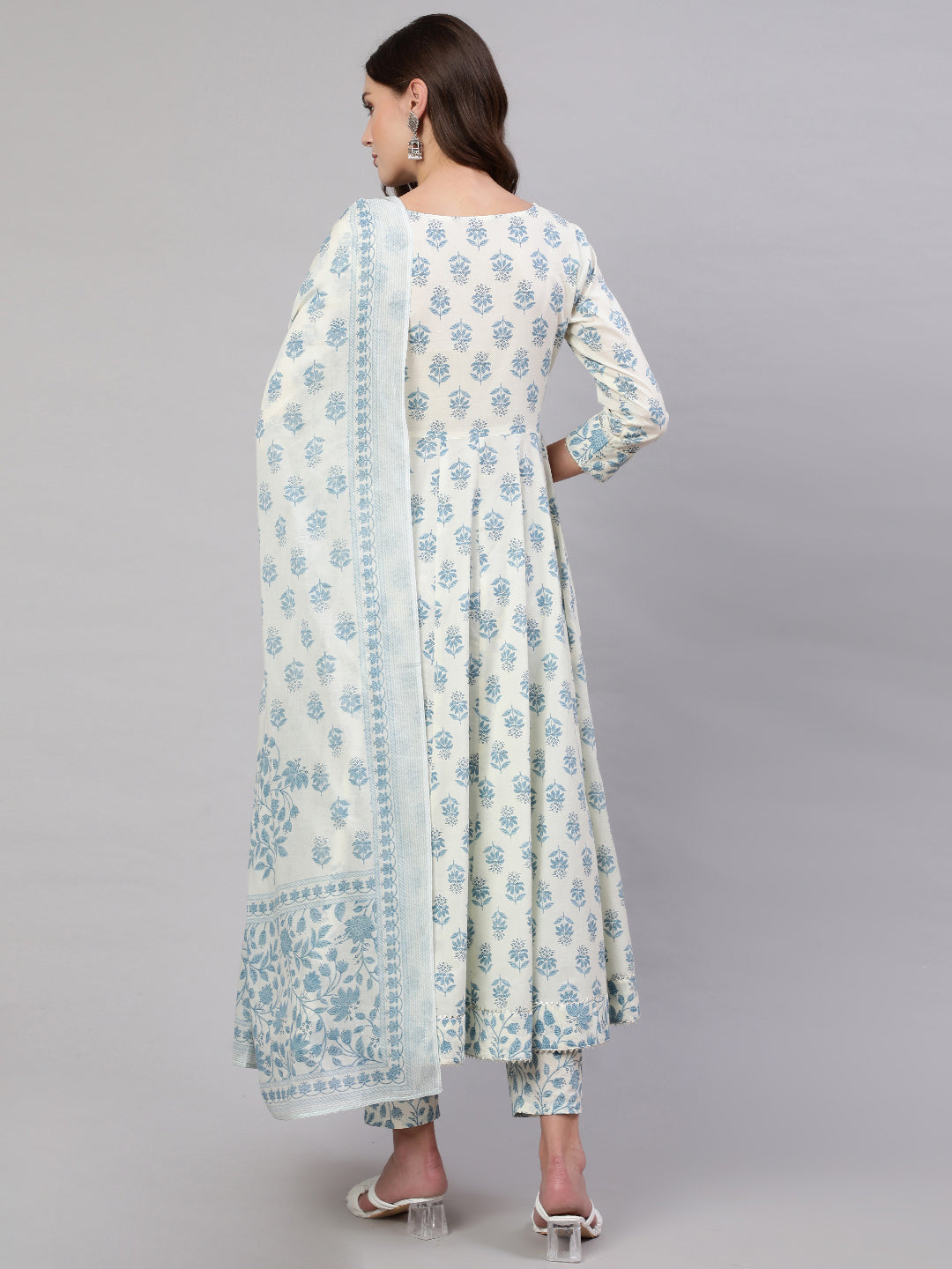 White Pure Cotton Floral V Neck Anarkali Kurta, Pant & Dupatta Set For Women Mizaz Jaipur