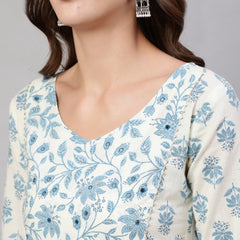 White Pure Cotton Floral V Neck Anarkali Kurta, Pant & Dupatta Set For Women Mizaz Jaipur