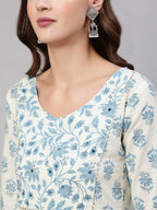 White Pure Cotton Floral V Neck Anarkali Kurta, Pant & Dupatta Set For Women Mizaz Jaipur