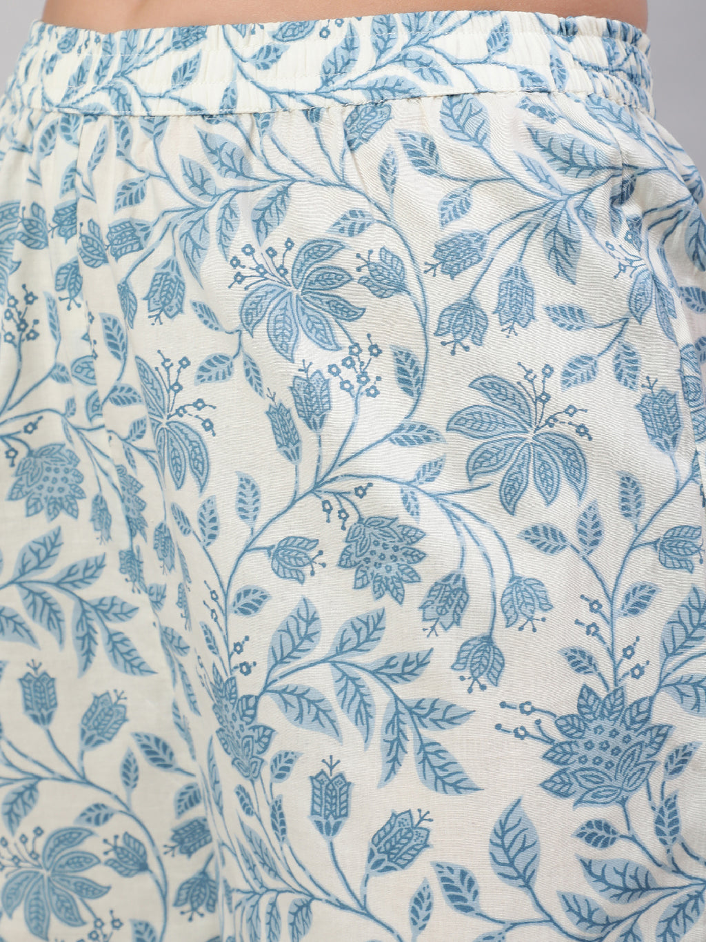 White Pure Cotton Floral V Neck Anarkali Kurta, Pant & Dupatta Set For Women Mizaz Jaipur