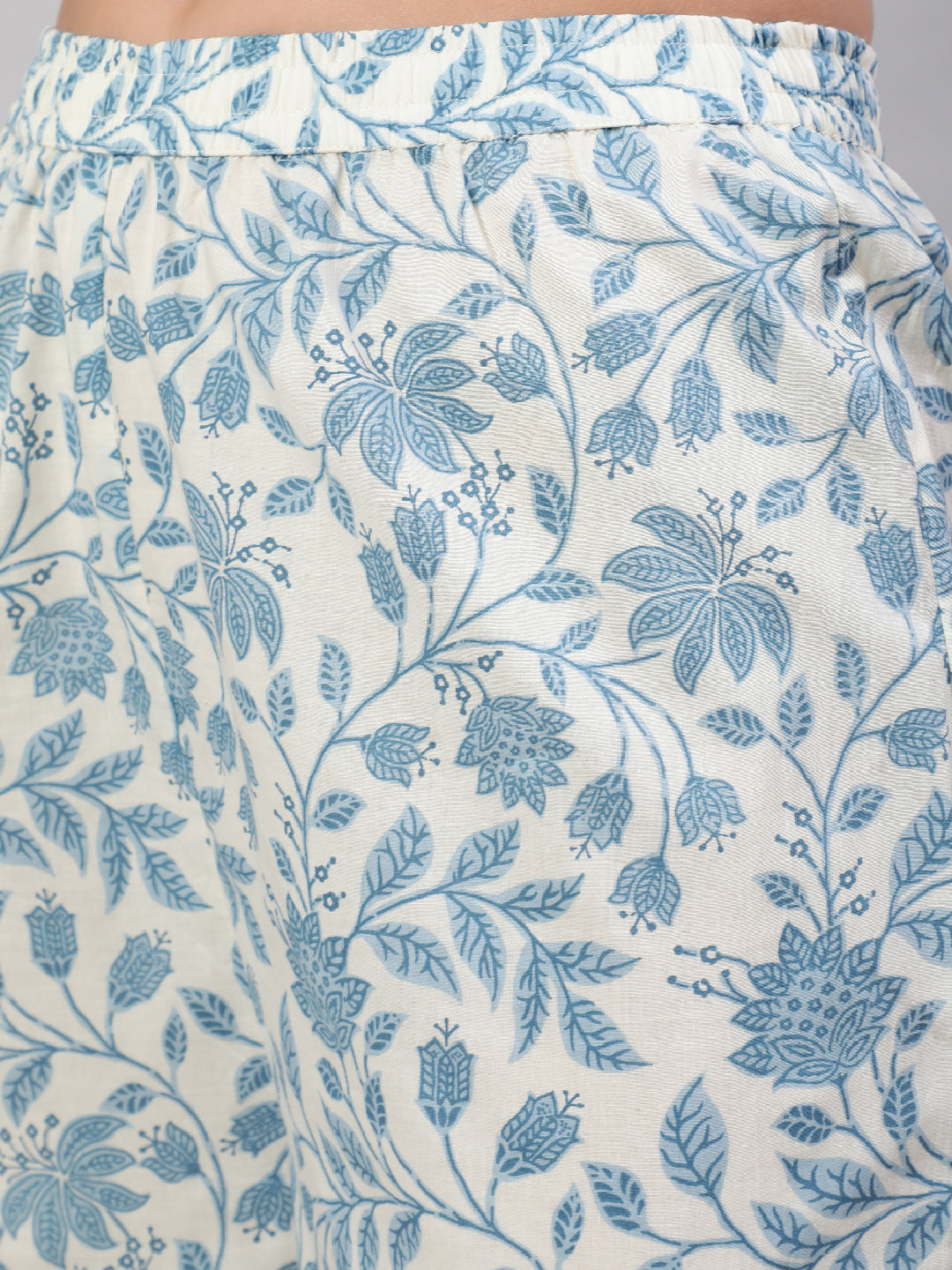 White Pure Cotton Floral V Neck Anarkali Kurta, Pant & Dupatta Set For Women Mizaz Jaipur