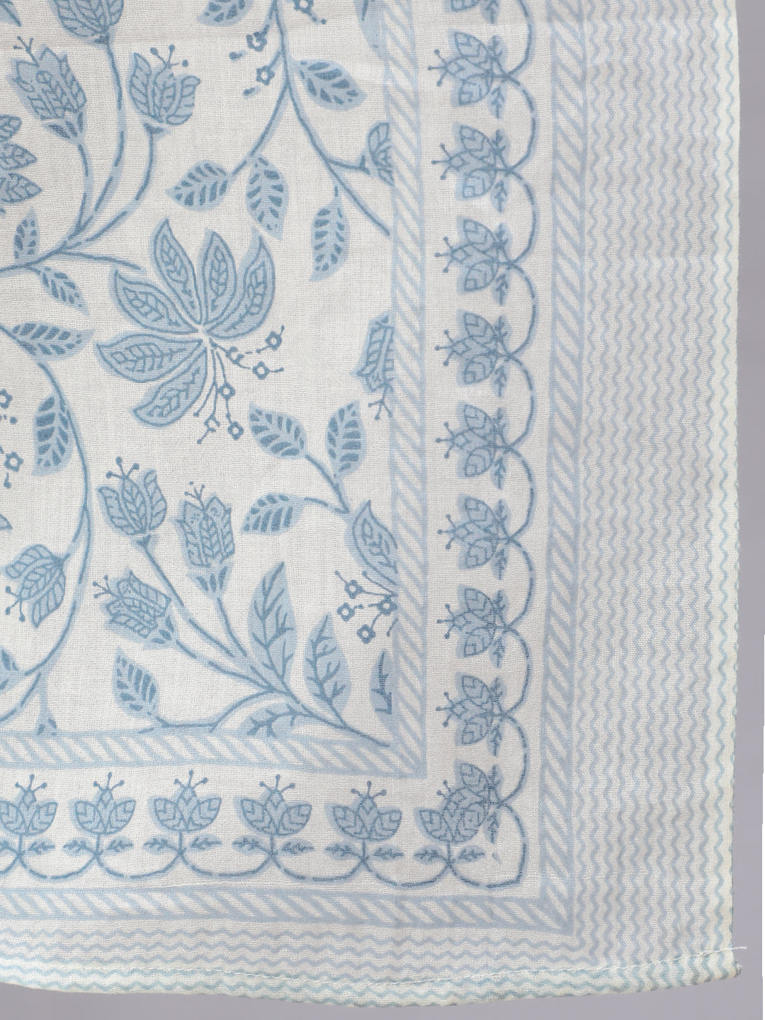 White Pure Cotton Floral V Neck Anarkali Kurta, Pant & Dupatta Set For Women Mizaz Jaipur