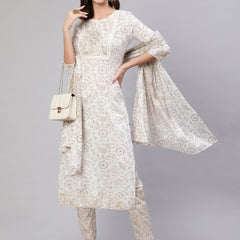 Beige Pure Cotton Floral Round Neck Straight Kurta, Pant & Dupatta Set For Women Mizaz Jaipur