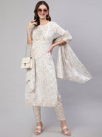Beige Pure Cotton Floral Round Neck Straight Kurta, Pant & Dupatta Set For Women Mizaz Jaipur