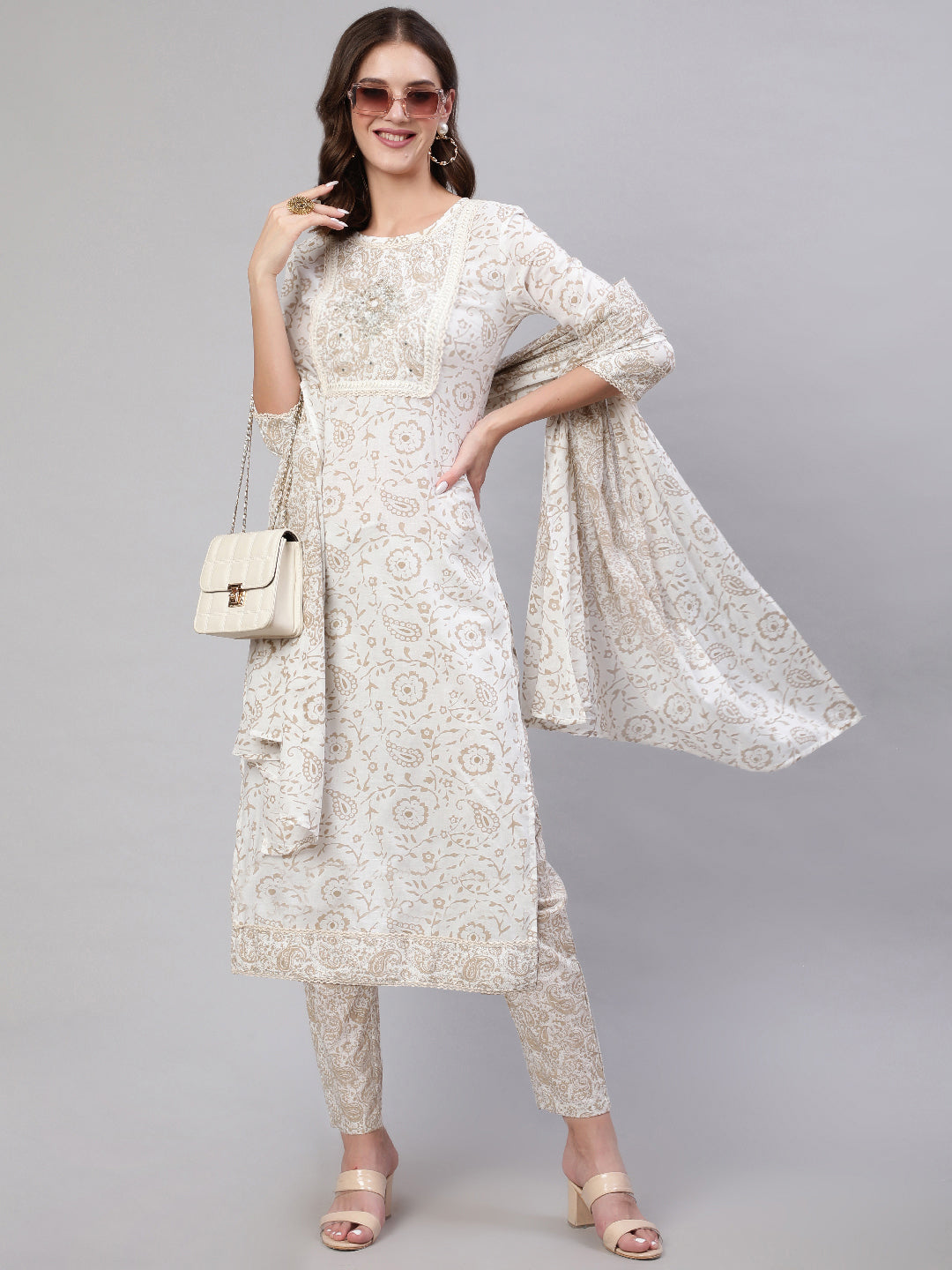 Beige Pure Cotton Floral Round Neck Straight Kurta, Pant & Dupatta Set For Women Mizaz Jaipur