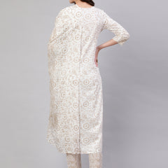 Beige Pure Cotton Floral Round Neck Straight Kurta, Pant & Dupatta Set For Women Mizaz Jaipur