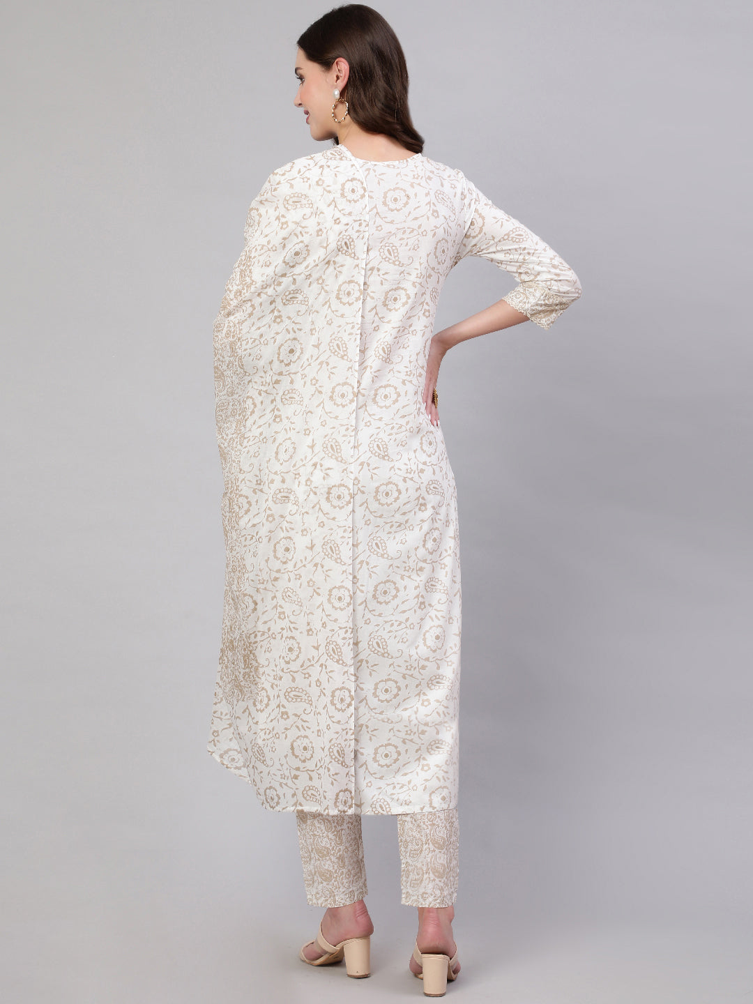 Beige Pure Cotton Floral Round Neck Straight Kurta, Pant & Dupatta Set For Women Mizaz Jaipur