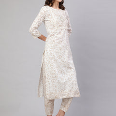 Beige Pure Cotton Floral Round Neck Straight Kurta, Pant & Dupatta Set For Women Mizaz Jaipur
