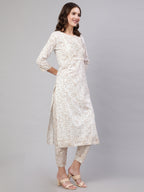 Beige Pure Cotton Floral Round Neck Straight Kurta, Pant & Dupatta Set For Women Mizaz Jaipur