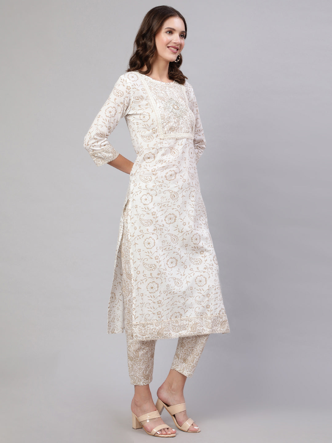 Beige Pure Cotton Floral Round Neck Straight Kurta, Pant & Dupatta Set For Women Mizaz Jaipur