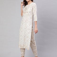 Beige Pure Cotton Floral Round Neck Straight Kurta, Pant & Dupatta Set For Women Mizaz Jaipur