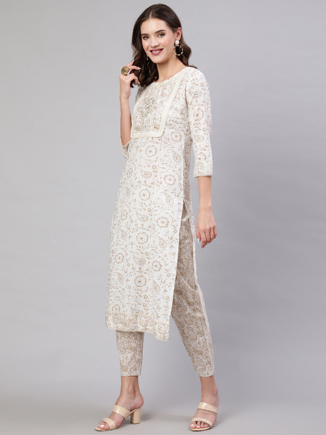 Beige Pure Cotton Floral Round Neck Straight Kurta, Pant & Dupatta Set For Women Mizaz Jaipur