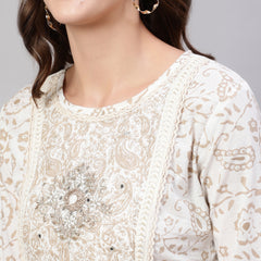 Beige Pure Cotton Floral Round Neck Straight Kurta, Pant & Dupatta Set For Women Mizaz Jaipur