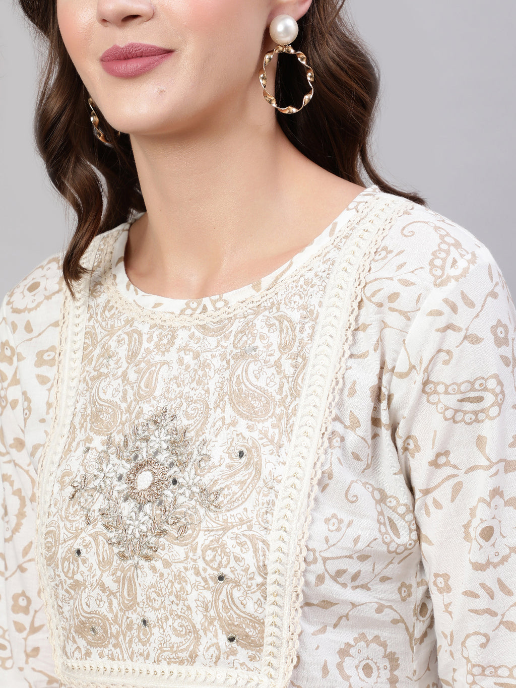 Beige Pure Cotton Floral Round Neck Straight Kurta, Pant & Dupatta Set For Women Mizaz Jaipur