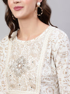 Beige Pure Cotton Floral Round Neck Straight Kurta, Pant & Dupatta Set For Women Mizaz Jaipur