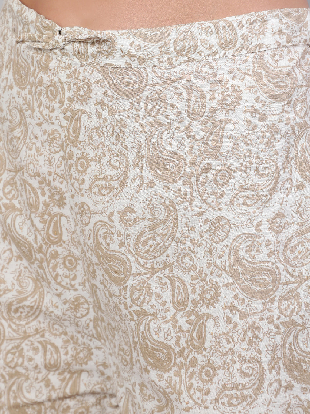 Beige Pure Cotton Floral Round Neck Straight Kurta, Pant & Dupatta Set For Women Mizaz Jaipur