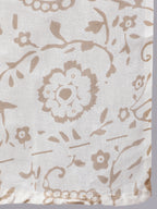 Beige Pure Cotton Floral Round Neck Straight Kurta, Pant & Dupatta Set For Women Mizaz Jaipur