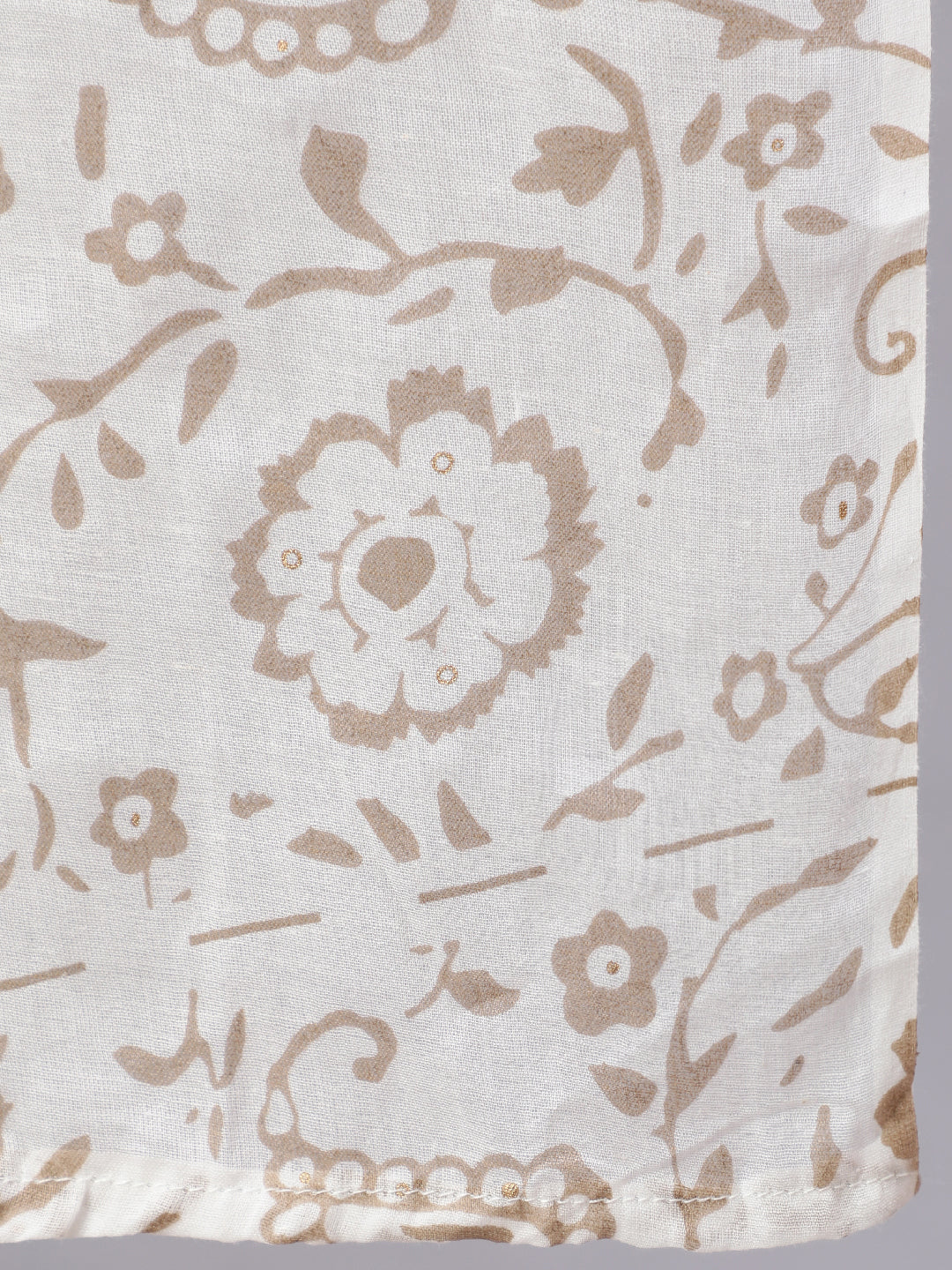 Beige Pure Cotton Floral Round Neck Straight Kurta, Pant & Dupatta Set For Women Mizaz Jaipur