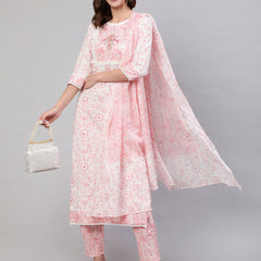 Pink Pure Cotton Floral Round Neck Straight Kurta, Pant & Dupatta Set For Women Mizaz Jaipur