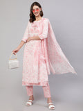Pink Pure Cotton Floral Round Neck Straight Kurta, Pant & Dupatta Set For Women Mizaz Jaipur