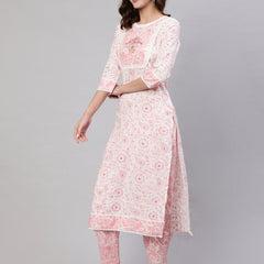 Pink Pure Cotton Floral Round Neck Straight Kurta, Pant & Dupatta Set For Women Mizaz Jaipur