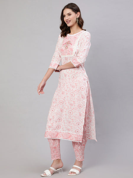 Pink Pure Cotton Floral Round Neck Straight Kurta, Pant & Dupatta Set For Women Mizaz Jaipur