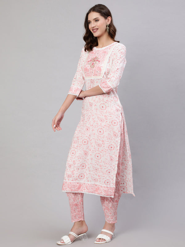 Pink Pure Cotton Floral Round Neck Straight Kurta, Pant & Dupatta Set For Women Mizaz Jaipur
