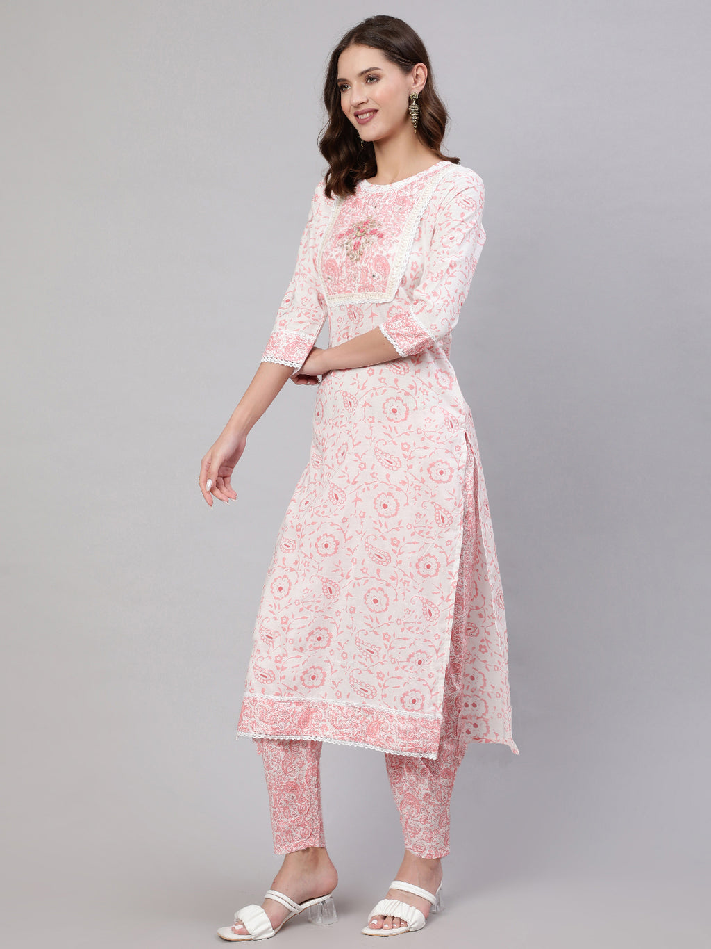 Pink Pure Cotton Floral Round Neck Straight Kurta, Pant & Dupatta Set For Women Mizaz Jaipur