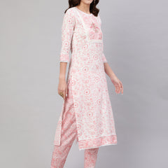Pink Pure Cotton Floral Round Neck Straight Kurta, Pant & Dupatta Set For Women Mizaz Jaipur