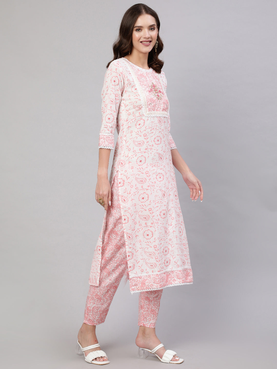 Pink Pure Cotton Floral Round Neck Straight Kurta, Pant & Dupatta Set For Women Mizaz Jaipur
