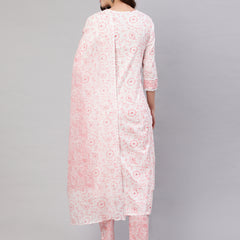 Pink Pure Cotton Floral Round Neck Straight Kurta, Pant & Dupatta Set For Women Mizaz Jaipur