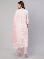 Pink Pure Cotton Floral Round Neck Straight Kurta, Pant & Dupatta Set For Women Mizaz Jaipur