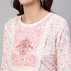 Pink Pure Cotton Floral Round Neck Straight Kurta, Pant & Dupatta Set For Women Mizaz Jaipur