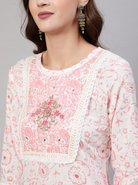 Pink Pure Cotton Floral Round Neck Straight Kurta, Pant & Dupatta Set For Women Mizaz Jaipur