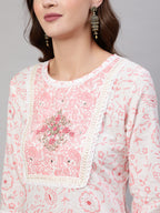 Pink Pure Cotton Floral Round Neck Straight Kurta, Pant & Dupatta Set For Women Mizaz Jaipur