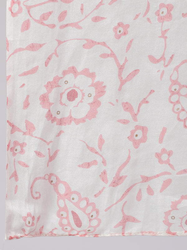 Pink Pure Cotton Floral Round Neck Straight Kurta, Pant & Dupatta Set For Women Mizaz Jaipur