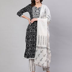 Black Pure Cotton Embroidered Round Neck Straight Kurta, Pant & Dupatta Set For Women Mizaz Jaipur