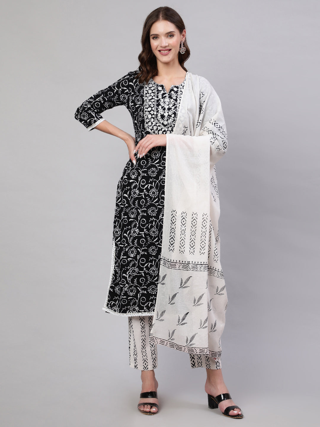 Black Pure Cotton Embroidered Round Neck Straight Kurta, Pant & Dupatta Set For Women Mizaz Jaipur