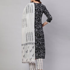 Black Pure Cotton Embroidered Round Neck Straight Kurta, Pant & Dupatta Set For Women Mizaz Jaipur