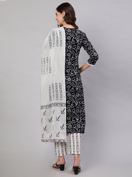 Black Pure Cotton Embroidered Round Neck Straight Kurta, Pant & Dupatta Set For Women Mizaz Jaipur