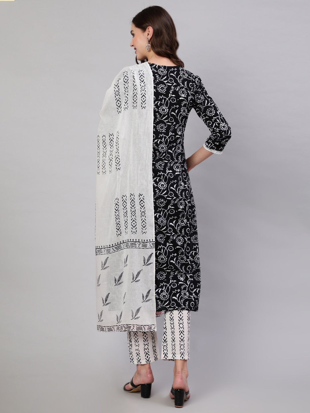 Black Pure Cotton Embroidered Round Neck Straight Kurta, Pant & Dupatta Set For Women Mizaz Jaipur