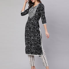 Black Pure Cotton Embroidered Round Neck Straight Kurta, Pant & Dupatta Set For Women Mizaz Jaipur