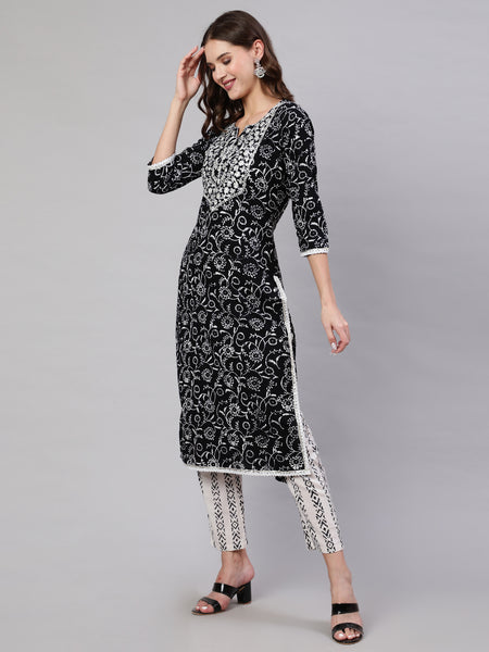 Black Pure Cotton Embroidered Round Neck Straight Kurta, Pant & Dupatta Set For Women Mizaz Jaipur